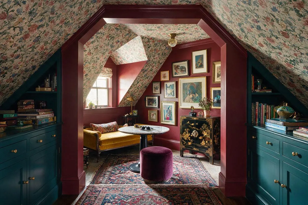 A cozy maximalist game room with sloped ceilings covered in floral wallpaper, deep burgundy walls, and teal built-in cabinets. The room includes a mustard velvet settee, round marble-top table, plum ottoman, patterned rug, and walls filled with framed art.