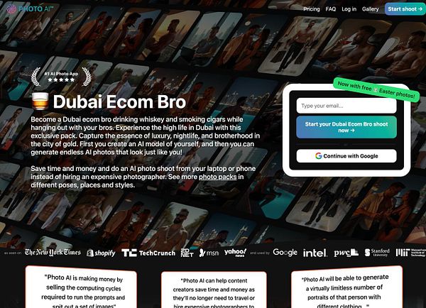 The image promotes a photo pack service called 'Dubai Ecom Bro' that offers AI-generated photos in a luxurious Dubai setting.