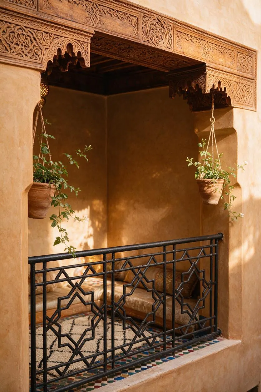 A Moroccan-style exterior alcove with warm plaster walls, an intricately carved wooden lintel, hanging terracotta planters, and a black geometric wrought-iron railing. Cushioned seating and patterned tile details create a cozy, shaded nook with an earthy, handcrafted feel.
