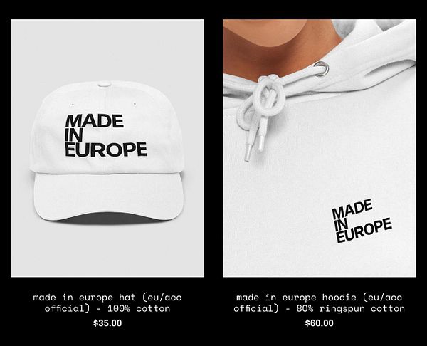 The image features merchandise items including a hat and a hoodie, both labeled 'Made in Europe'.