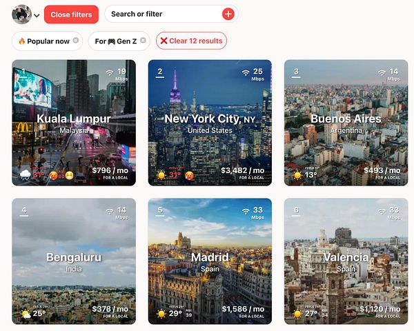 The image displays a grid of city listings with internet speeds, costs, and weather information.