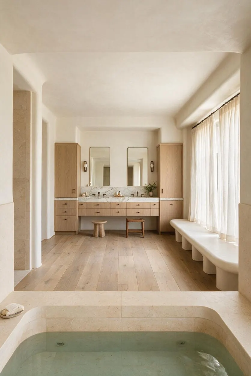 A serene master bathroom with a sunken rectangular soaking tub in the foreground, pale stone surrounds, and a long floating oak vanity at the back wall. Two rectangular mirrors, wall sconces, soft cream curtains, and a curved built-in bench line the right side, creating a warm organic modern space.