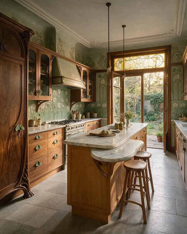 A warm Art Nouveau kitchen with carved wooden cabinetry, a marble-topped island, and a vintage range beneath a sculpted hood. Soft green floral wall and tile motifs, stained glass above the doorway, and garden views create an elegant, light-filled atmosphere.