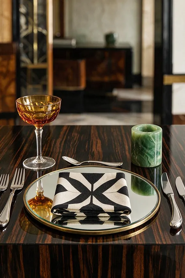 A refined Art Deco dining vignette with a dark wood table featuring dramatic striped grain, a round mirrored charger with a black-and-cream geometric napkin, amber glass stemware, polished silverware, and a small green marble candleholder. The setting feels luxurious and symmetrical, with brass and glossy finishes reflecting softly in the background.