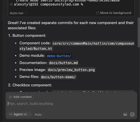 The image displays a task interface detailing separate commits for UI components in a coding project.