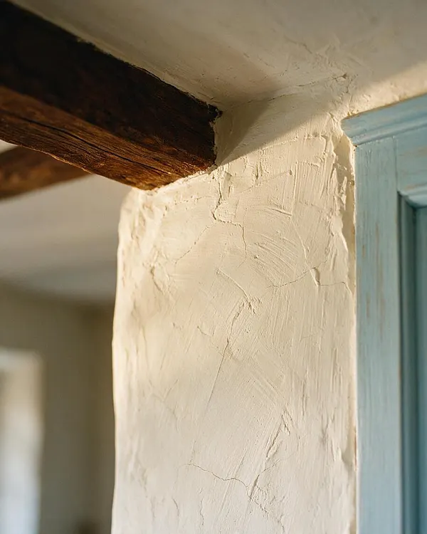 A close-up of a French Country interior corner showing a creamy plaster wall with a hand-troweled, textured finish beneath a dark exposed wood beam. A pale blue painted trim or cabinet edge appears on the right, adding a soft contrasting accent.