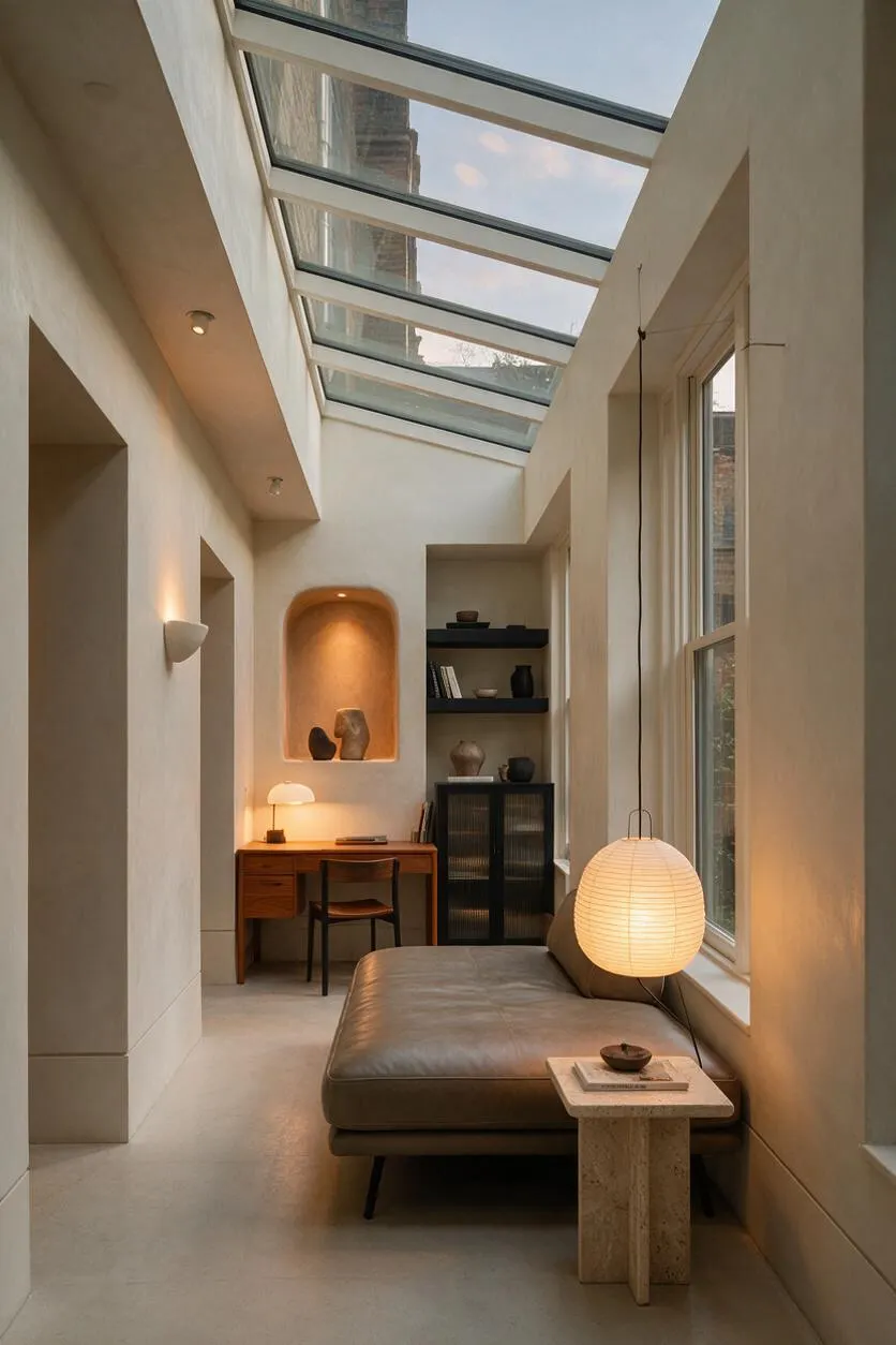 A narrow modern sunroom with a long glass skylight ceiling, warm beige walls, and a large window on the right. The space includes a brown leather lounge daybed, a small stone side table, a paper lantern pendant, a wooden desk with a lamp, and dark shelving with decor, creating a calm, minimalist retreat.