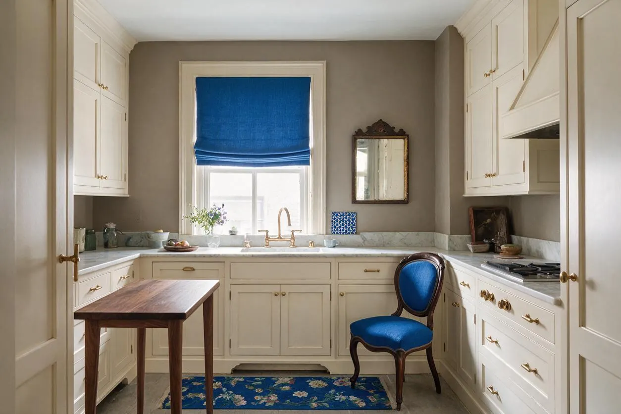 A compact eclectic kitchen with cream cabinets, brass hardware, and a marble backsplash and countertop. A window with a vivid blue Roman shade anchors the back wall, while a vintage mirror, blue upholstered chair, small wooden table, and patterned blue rug add layered character.