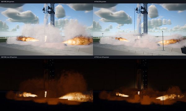Side-by-side comparison of rocket ignition visuals before and after graphic and 3D model improvements, shown in both daylight and nighttime settings.