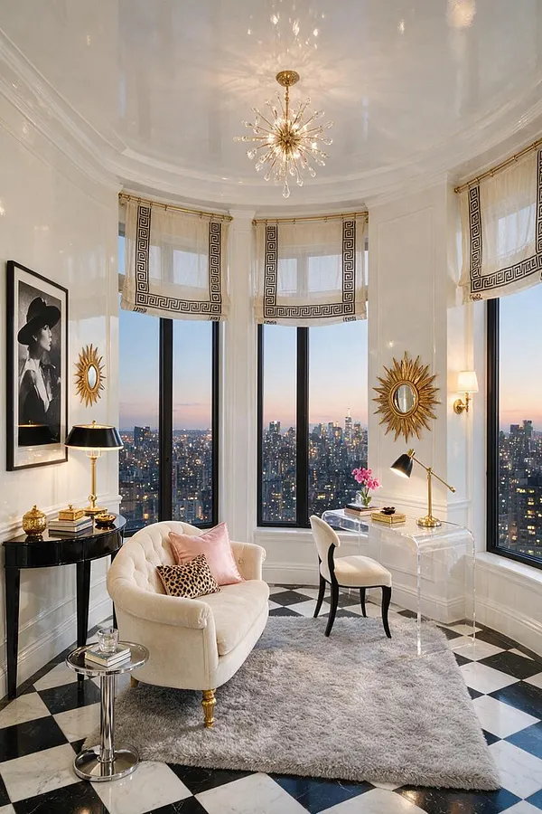 A bright Hollywood Regency sunroom with tall curved windows overlooking a city skyline at sunset. The space features a cream tufted chair, black lacquer side table, acrylic desk, gold sunburst mirrors, a crystal chandelier, black-and-white checkered floor, and soft patterned Roman shades.