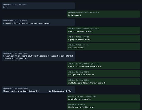 A chat conversation displayed in a dark mode interface showing a group discussion about an upcoming party and payment reminder.