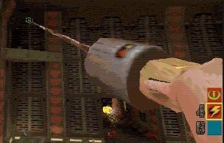 Screenshot of Quake 2 gameplay showcasing a grappling hook in action with game HUD elements visible.