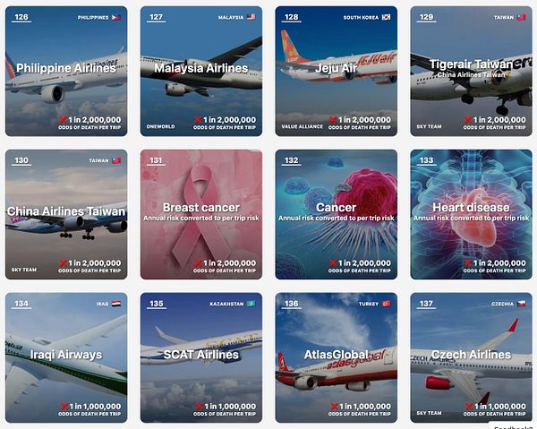 A grid displaying various airlines alongside health risks, comparing annual risks of diseases to per trip risks.