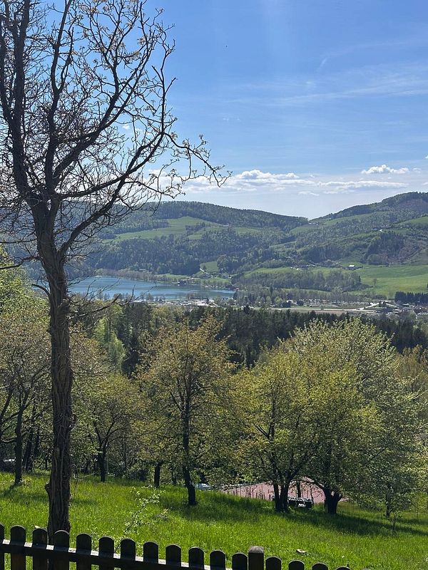 A scenic view of a lush green landscape with a lake and distant hills under a clear blue sky.