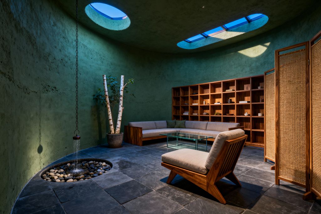 A circular living room with rough moss-green plaster walls and two oval skylights casts daylight onto dark slate tile. An L-shaped teak-framed sofa with beige cushions faces a clear glass coffee table and a matching lounge chair. A wall of open teak cubbies holds books and ceramics, a rattan folding screen stands to the right, a potted birch adds greenery, and a rain-chain fountain trickles into a recessed pebble basin.