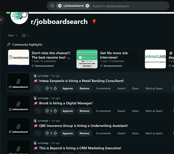 The image displays a Reddit page for the r/jobboardsearch community featuring job postings and announcements.