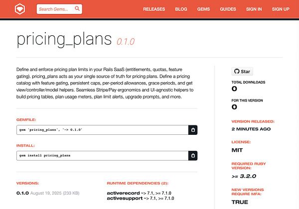 The image displays a webpage for the gem 'pricing_plans' version 0.1.0, detailing its features and installation instructions.