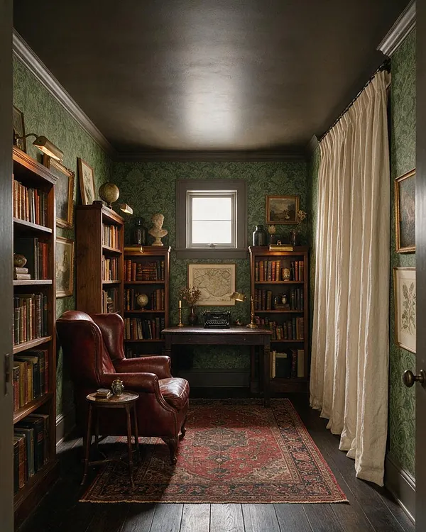 A narrow basement study styled in Dark Academia, with green patterned wallpaper, a dark painted ceiling, and tall wooden bookcases lining both sides. A burgundy leather wingback chair, vintage rug, cream floor-length curtains, and a small desk with a typewriter create a cozy, scholarly atmosphere.