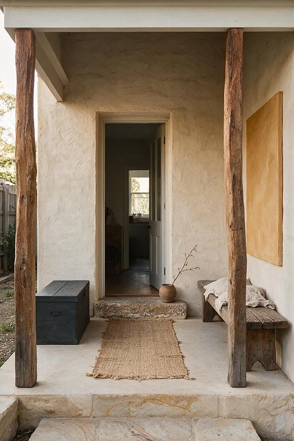 A small front porch with textured cream stucco walls, rough-hewn timber posts, and a pale concrete floor. A woven natural fiber runner leads to the open doorway, with a simple wood bench, a dark storage chest, and a clay vase adding an understated, weathered look.