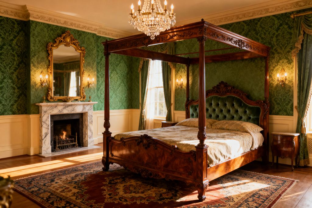 A richly detailed Victorian bedroom featuring a carved mahogany four-poster canopy bed with a tufted green velvet headboard set on a Persian-style rug over wood floors. Emerald damask wallpaper tops cream wainscoting with gold-trimmed drapery at tall windows. A white marble fireplace with a gilded mirror and brass candle sconces glows, while a crystal chandelier casts warm light across the room and curved bedside tables.