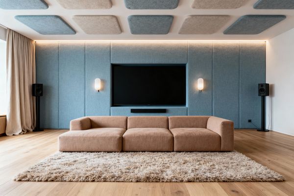 A minimalist media room with a large wall-mounted TV set into pale blue upholstered acoustic panels. A low camel-colored modular sofa sits on a cream shag rug over light oak floors. Two black floor speakers flank the wall, with a slim soundbar below the screen. Soft LED cove lighting outlines the panelled wall, and oval frosted sconces provide glow. The ceiling features felt acoustic rectangles and a window with beige drapery.