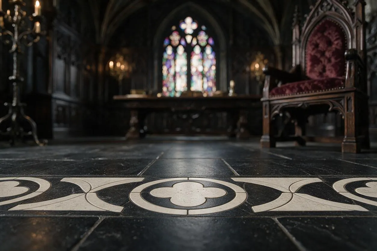 A dark Gothic interior with a patterned stone floor in the foreground, featuring a cream-colored decorative inlay set into black tiles. In the background, a stained-glass window, arched architecture, and a carved velvet chair reinforce the dramatic, cathedral-like atmosphere.
