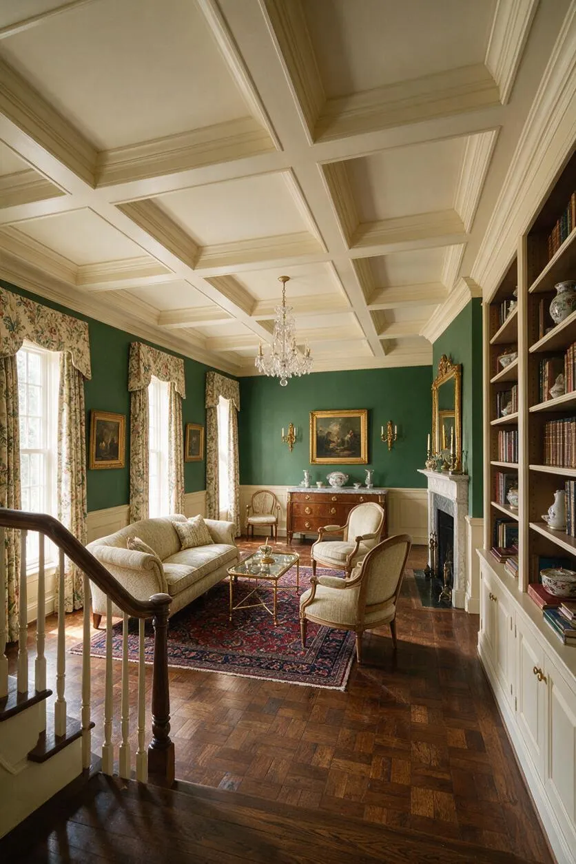 A traditional basement sitting room with dark green walls, cream coffered ceiling, and polished hardwood floors. The space includes a sofa, upholstered armchairs, a Persian-style rug, built-in bookshelves, a fireplace, and floral window treatments with a crystal chandelier overhead.