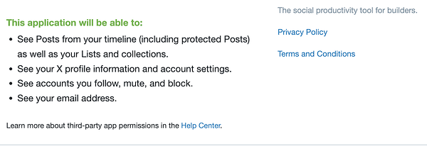 The image displays a permissions request for an application related to the social media platform 𝕏.