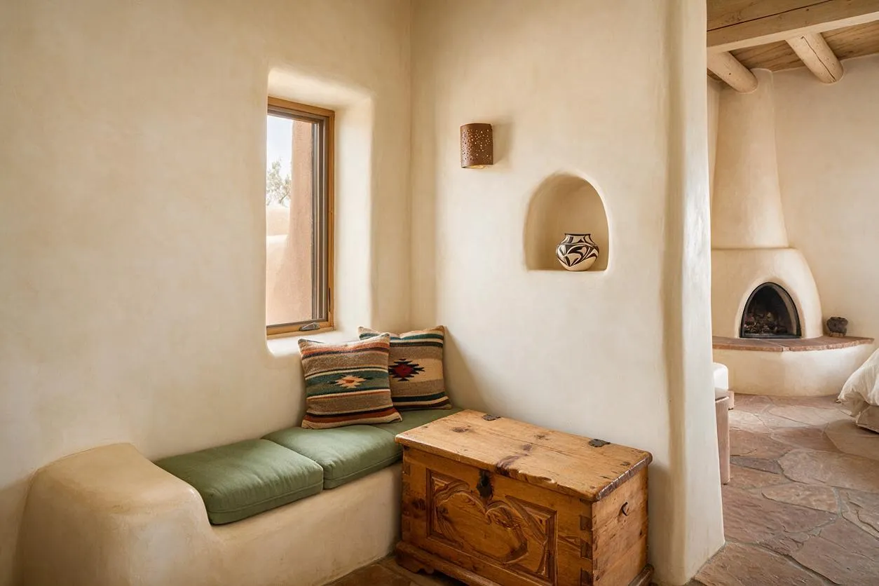 A Southwestern-style master bedroom with smooth adobe-style walls, a built-in bench with olive green cushions, and patterned woven pillows beneath a narrow wood-framed window. A carved wooden chest sits beside the bench, while an arched niche and a kiva-style fireplace add warmth in the adjoining space.