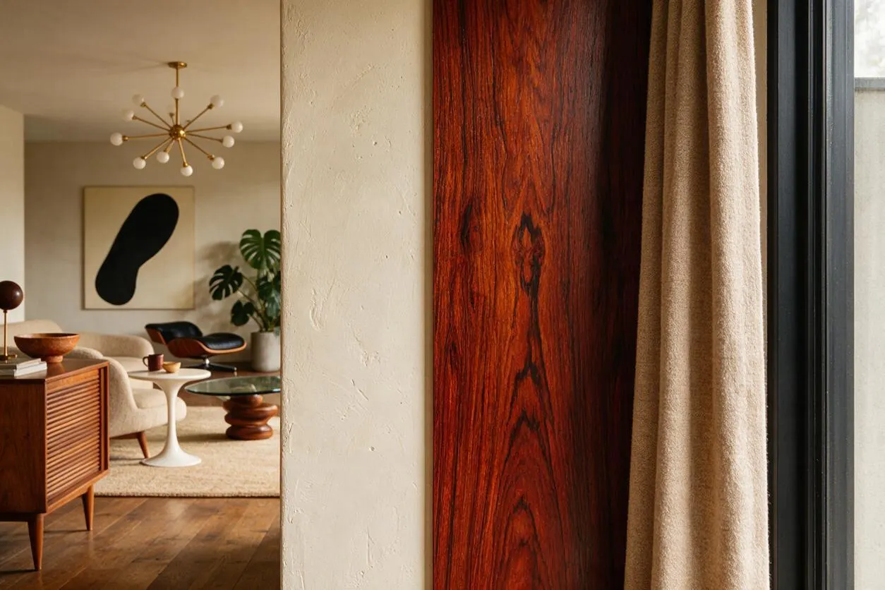 A warm mid-century modern living room is seen through a doorway beside a close-up of a richly grained reddish wood panel. The room features cream upholstery, a white pedestal table, a starburst chandelier, abstract wall art, and natural textures in a neutral palette.