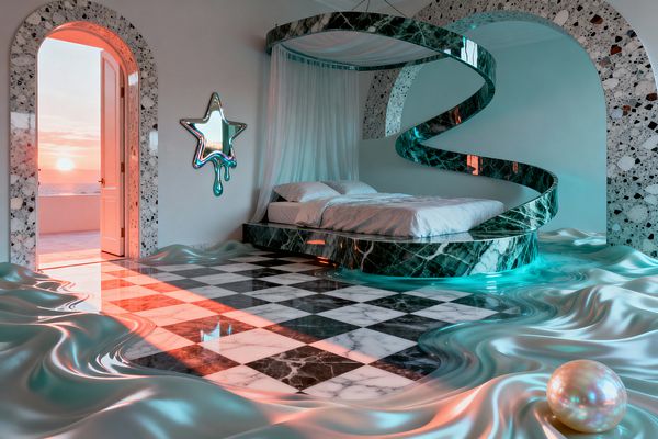 A surreal bedroom with a green marble platform bed under a spiraling canopy and sheer aqua drapery sits on a black-and-white checkerboard marble floor. Glossy resin resembling melted liquid pools around the tiles, an iridescent dripping star mirror hangs on a pale wall, terrazzo arches frame an open doorway to a sunset sea view, and teal underlighting mixes with warm coral light, reflecting off a pearl-like sphere placed on the floor.