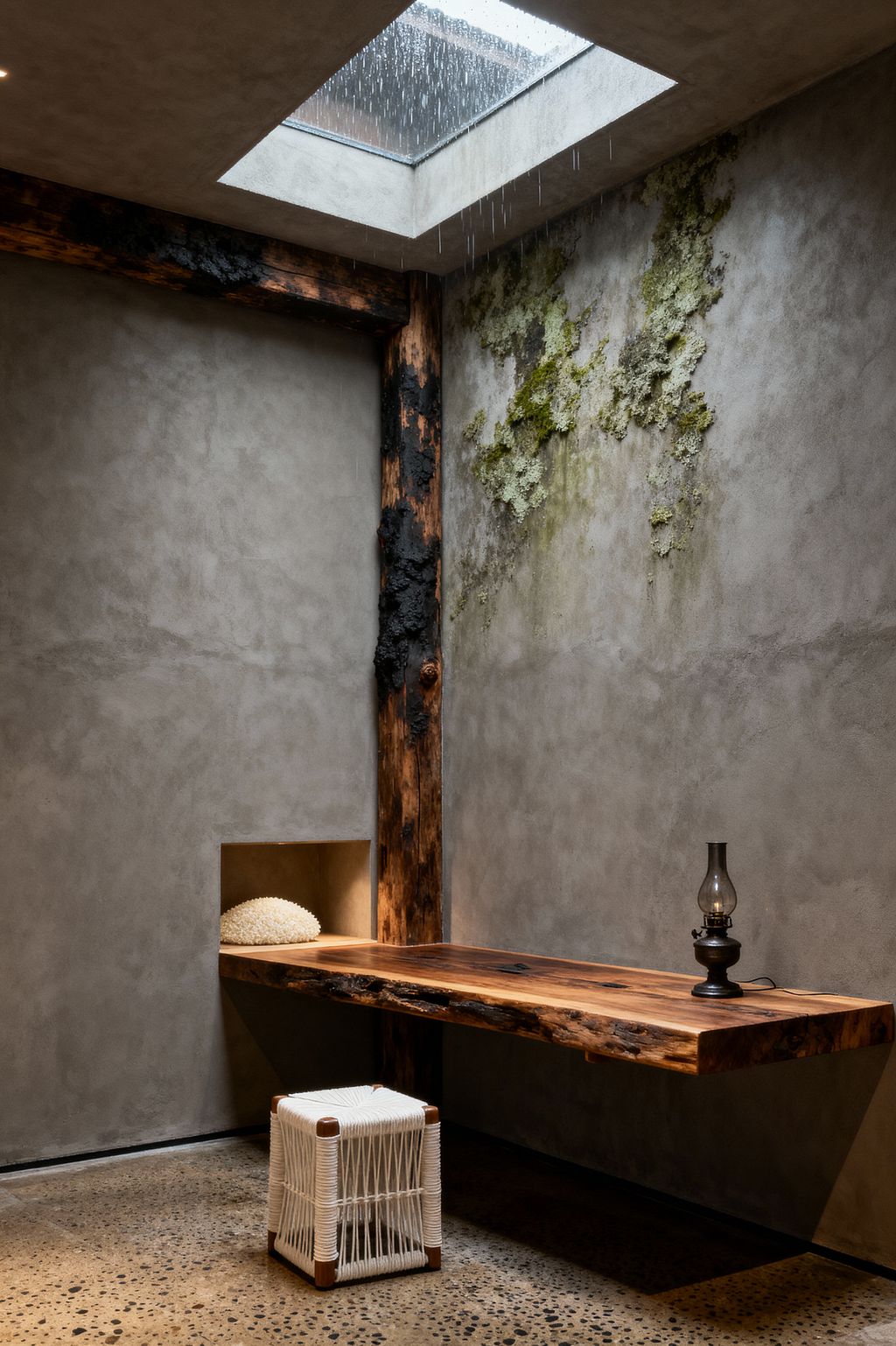 A minimalist home office features a floating live-edge wood desk anchored to a charred timber post below a skylight streaked with rain. Smooth gray plaster walls show a preserved moss patch and a small illuminated niche holding a coral-like object; a cube stool wrapped in white rope sits on exposed-aggregate concrete, and a small glass-and-metal oil lamp rests on the desk, creating a quiet, natural atmosphere with weathered textures and earthy tones.