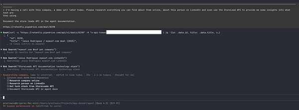 The image displays a terminal interface showing a Bash command and research notes related to a demo call prospect.