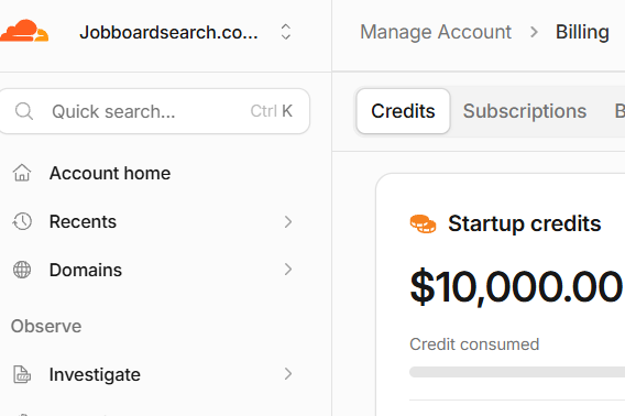 Dashboard showing summary of $10,000 Cloudflare credits granted for multiple accounts and services.