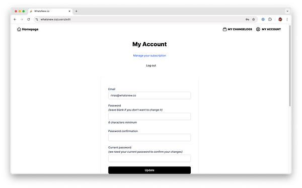 The image displays a user account management interface for a website.