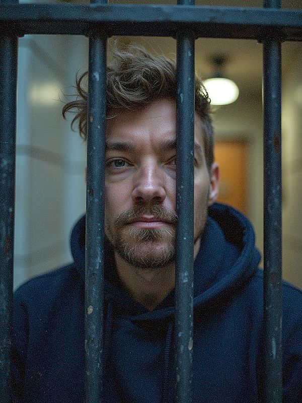 A man with tousled hair and a beard is looking through metal bars in a dimly lit environment.