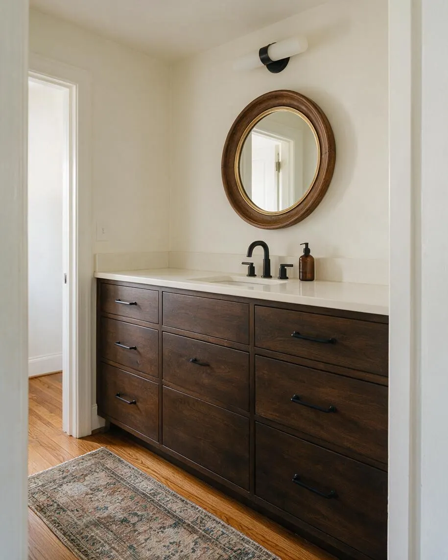 A transitional powder room with a long dark wood vanity, cream countertop, and matte black faucet and drawer pulls. An oval wood-framed mirror and simple black-and-white sconce sit above the sink, while warm hardwood floors and a faded patterned runner add softness.