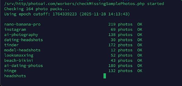 Screenshot of a terminal window showing a Python script's output related to generating AI photos with detailed logs and progress indicators.