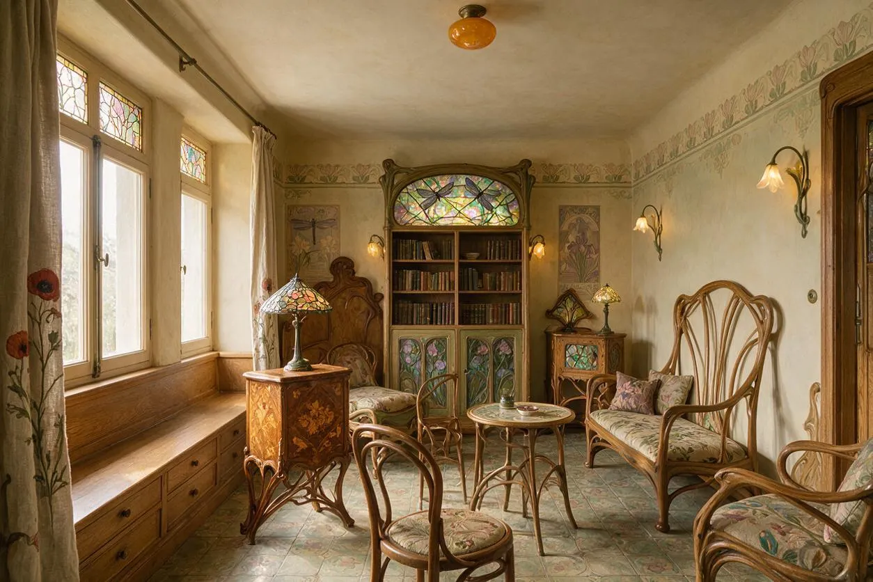 A warm Art Nouveau living room with curving wooden furniture, floral upholstery, and a central bookcase topped by colorful stained glass. Tall windows with decorative glass panels bring in daylight, while wall sconces, a Tiffany-style lamp, and botanical mural details create an ornate, romantic atmosphere.