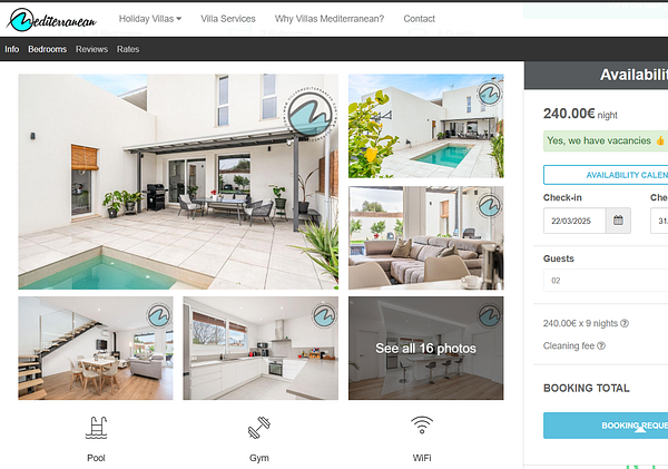 A modern villa with a pool and outdoor seating area is featured in the image.