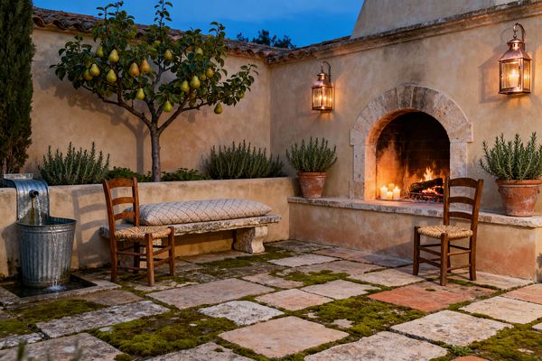 An intimate French Country patio at dusk centers on a stucco fireplace with a limestone arch, flanked by copper lanterns and terracotta pots of rosemary. Weathered limestone pavers threaded with moss set the floor; a pear espalier, galvanized zinc wall fountain, carved stone bench with a quilted cushion, and two rustic wood ladderback chairs with rush seats complete the scene, illuminated by firelight and candles.