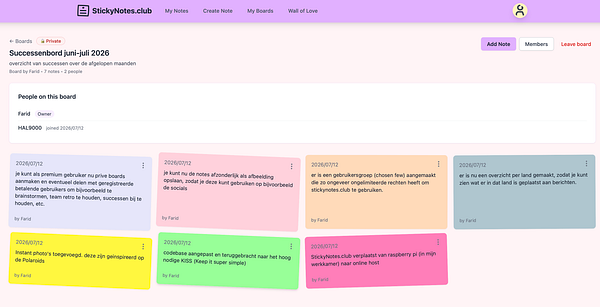 A digital sticky note board with private boards feature, showing various sticky notes and tabs labeled Todo, Later, and Done.