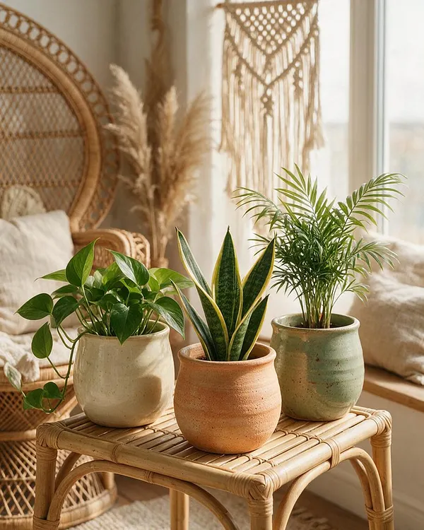 A bright bohemian corner with three potted houseplants arranged on a small bamboo and rattan table. Behind them are a woven peacock chair, a macrame wall hanging, dried pampas grass, and soft neutral cushions beside a sunlit window.