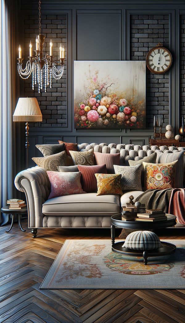 An elegantly designed living room with a variety of decorative cushions on a sofa, illustrating their role in enhancing the aesthetic and comfort of the space.