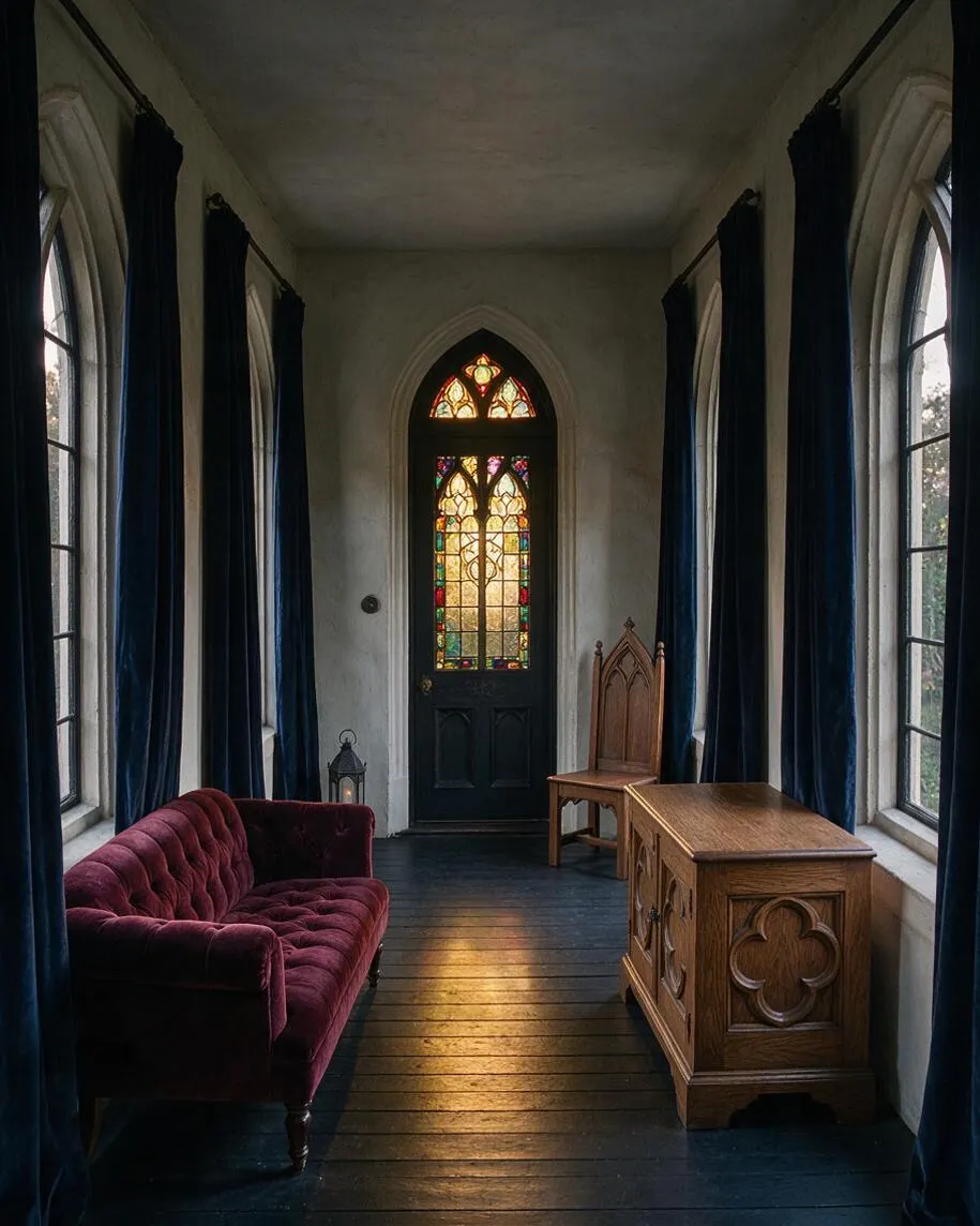 A narrow Gothic-style front porch with pointed-arch windows on both sides, deep blue velvet curtains, and a black front door with colorful stained-glass panels. The space includes a burgundy tufted settee, a carved wooden chair, and a Gothic-patterned wooden cabinet over dark painted floorboards.