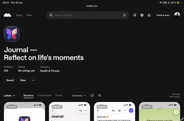 Screenshot showing the Mobbin app with a list of 8 sessions, including the highlighted session #saasmakers focused on SaaS tips and trends.