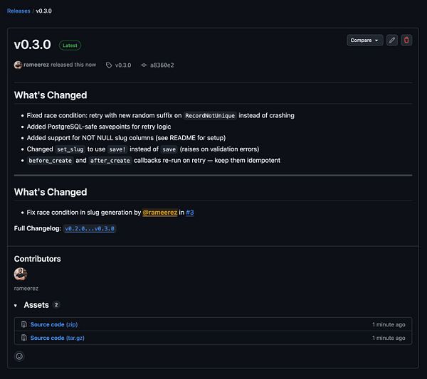 Code editor showing a Ruby code snippet that defines a module for slug generation, highlighting a change to fix a race condition.
