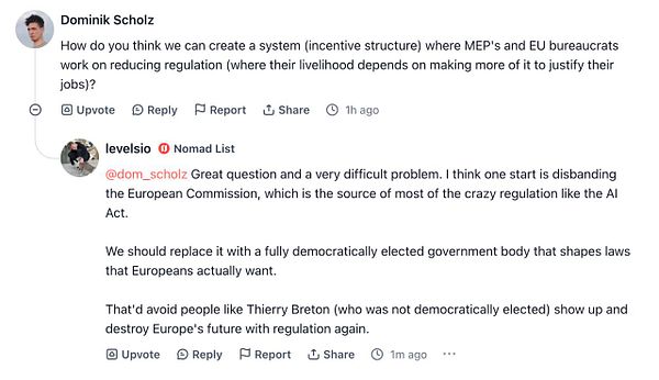 A discussion thread on a platform regarding European regulation and governance.