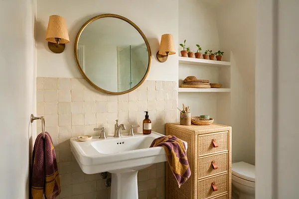 A cozy master bathroom features a pedestal sink with a round brass-framed mirror, cream square tile wainscoting, and warm wall sconces with woven shades. Rattan storage drawers, open shelves with small potted plants and baskets, and purple-and-gold textiles add an eclectic bohemian feel.
