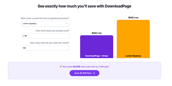 A cost comparison chart between DownloadPage and Lemon Squeezy, highlighting potential savings.